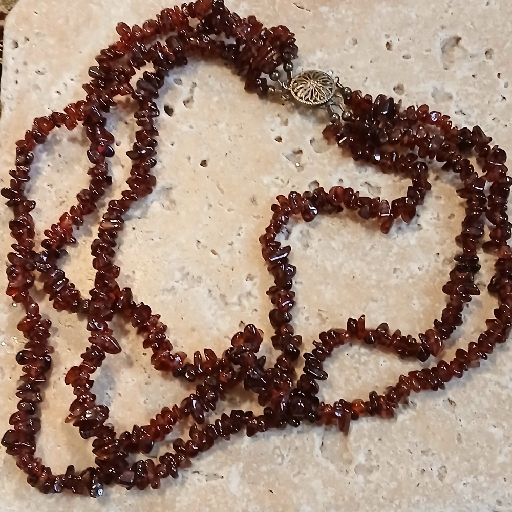 Vintage Sterling and Semi Precious Garnet Nugget Three Strand Choker Necklace